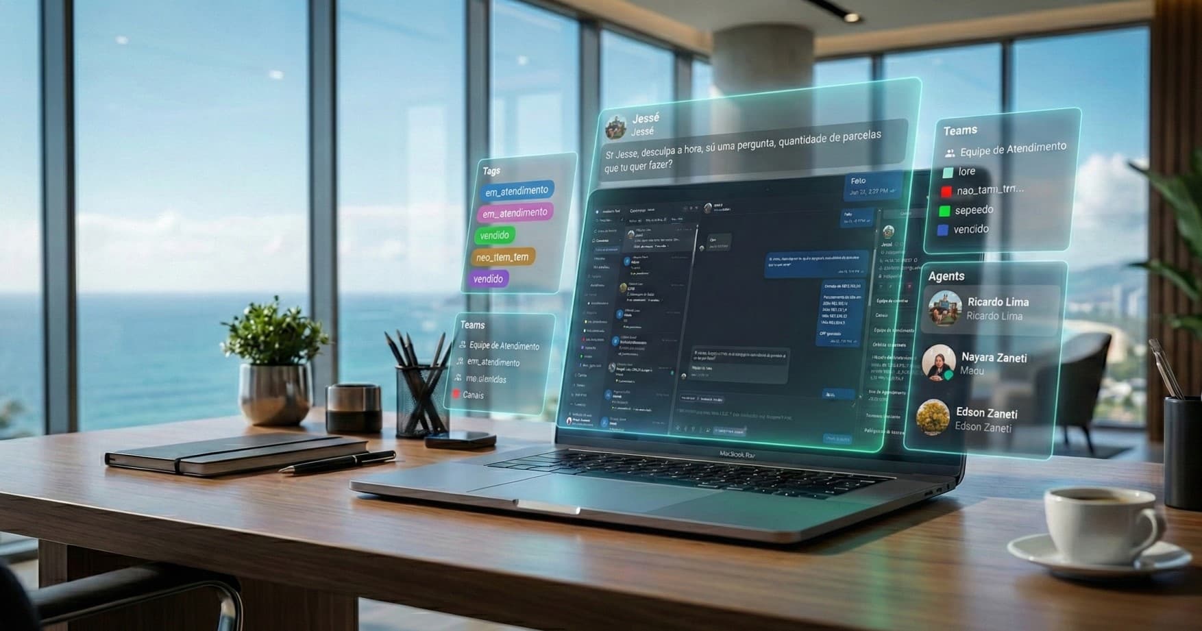 Painel unificado mostrando diversos canais de atendimento.